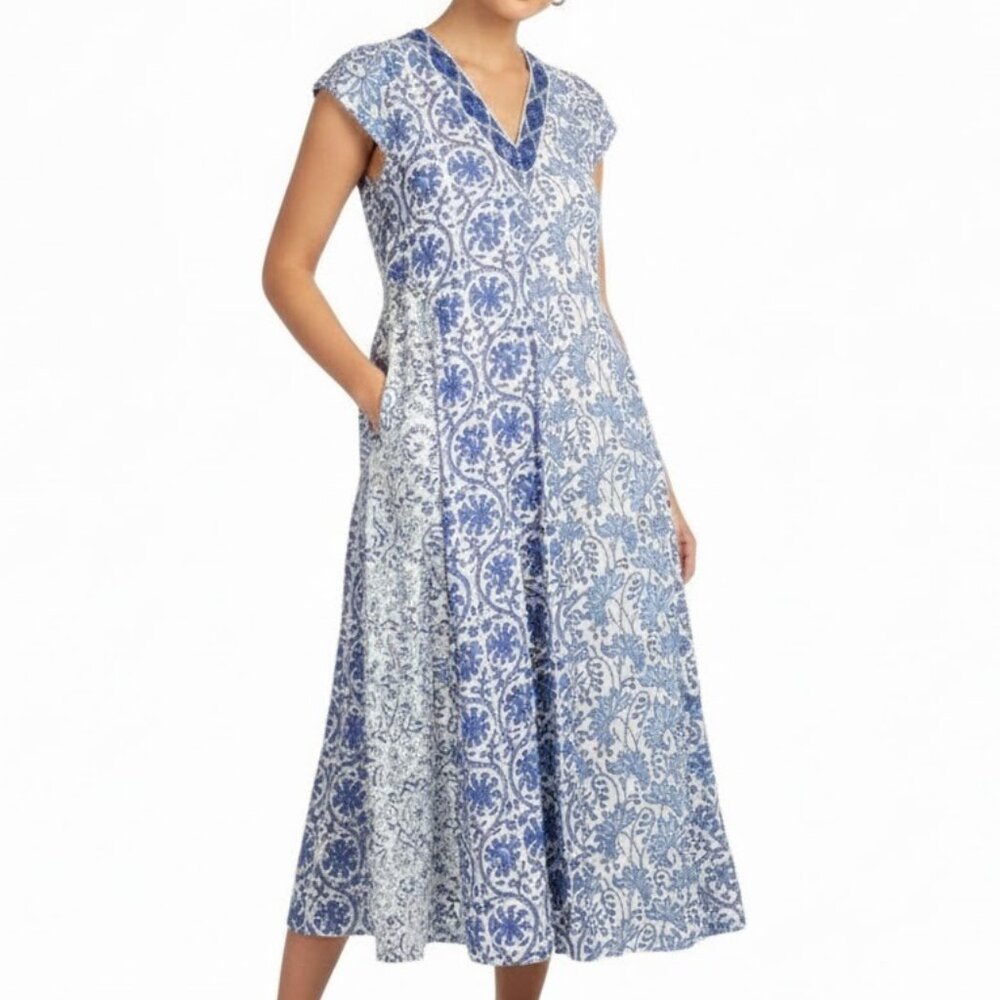 Bella Tu Marine Midi Dress XS Blue White Mosaic Print Like New